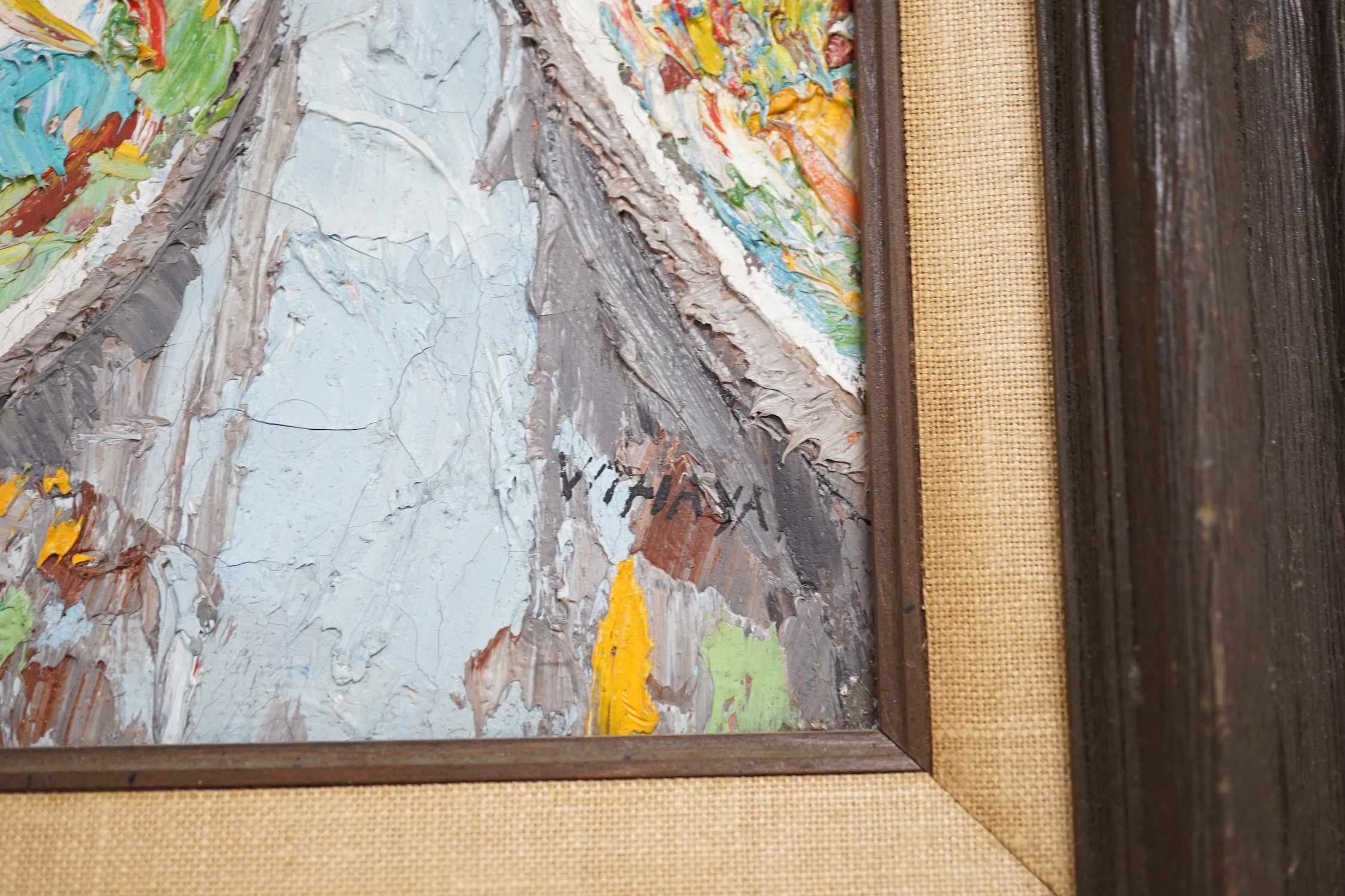 Thai School, oil on canvas, 'Asian water market', signed Vithaya, 34 x 24cm